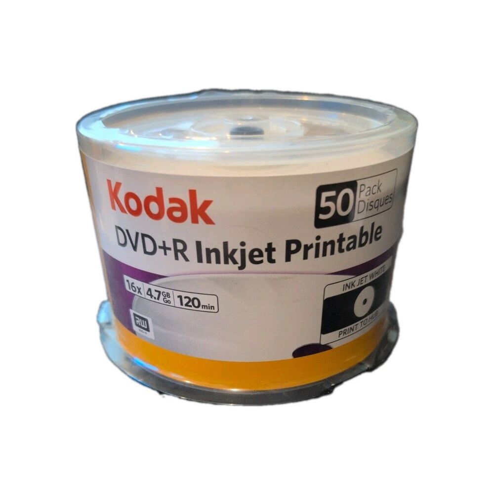 Kodak DVD+R Inkjet Printable 50pack  4.7 Ink Jet White Print to Hub Sealed
